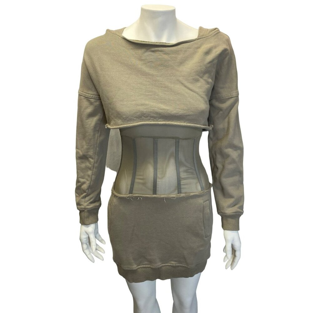 Athina Dress Tan Small Corset French Terry Cloth Soft Pockets Cropped Mini - Picture 4 of 10